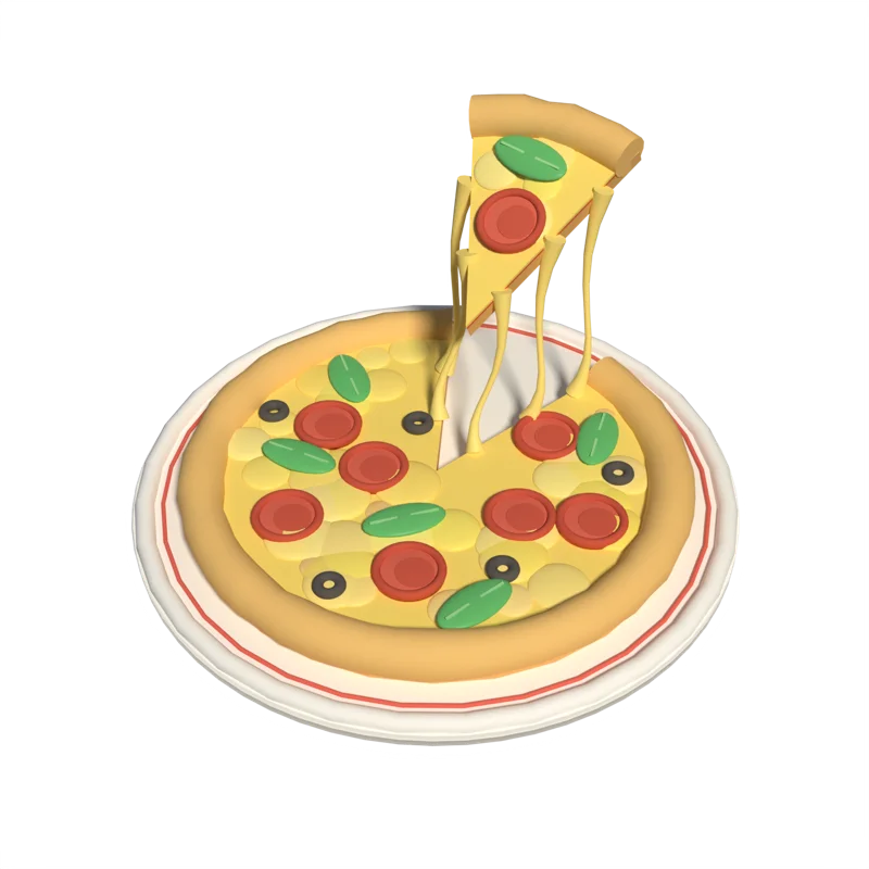 A cartoon pizza on a plate with one slice lifted and cheese stretching