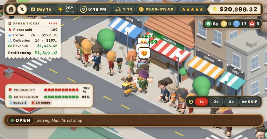 Main Street shop with a crowd outside and a delivery courier on a scooter