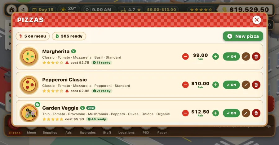 Pizzas panel with recipe cards, prices and stock