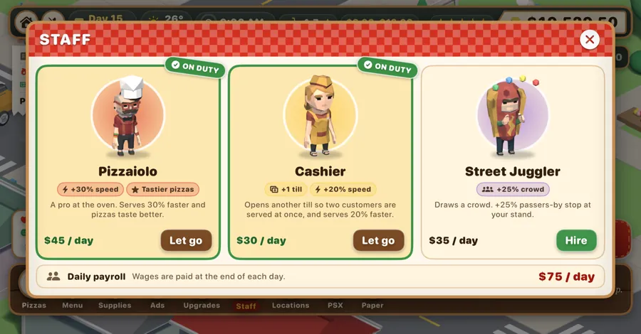 Staff panel with a hired pizzaiolo and cashier